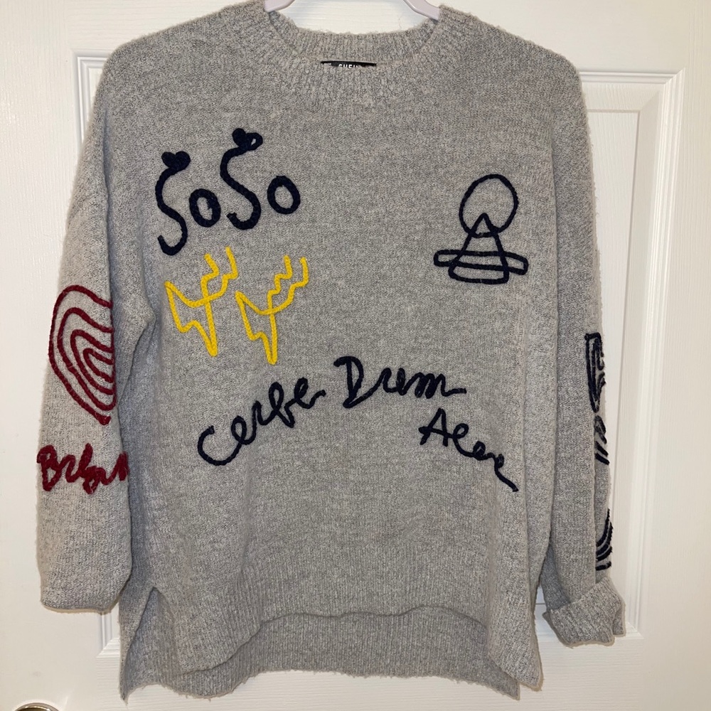 Gray Shein Fun Word Unique Sweater